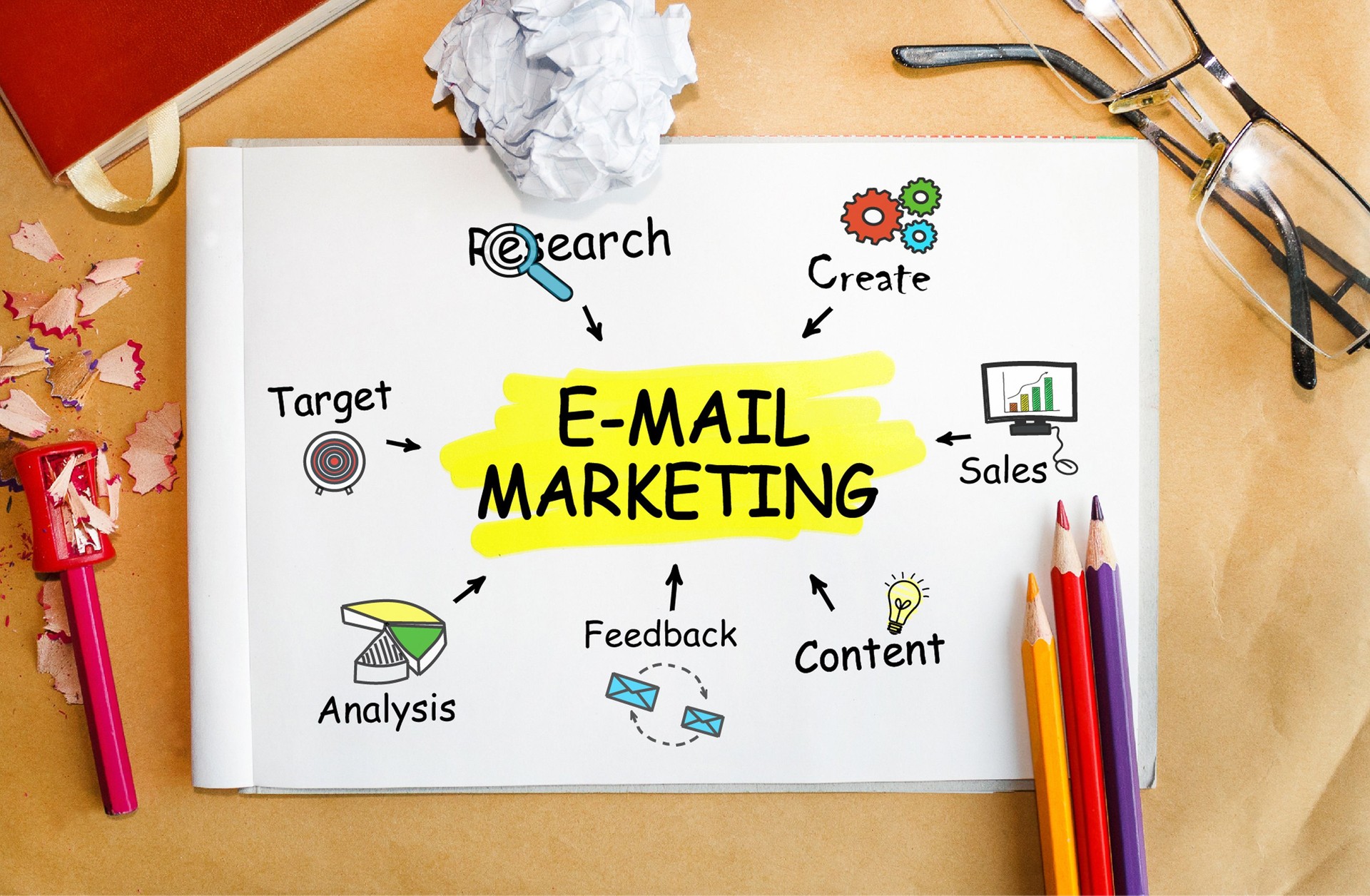 Notebook with Toolls and Notes about E-mail Marketing,concept